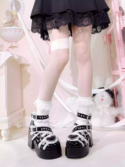 Jirai Buckle with Rhinestone Block Toe and Lace High Heel Embellished Black Straps Shoes: Round Cross Platform Kei
