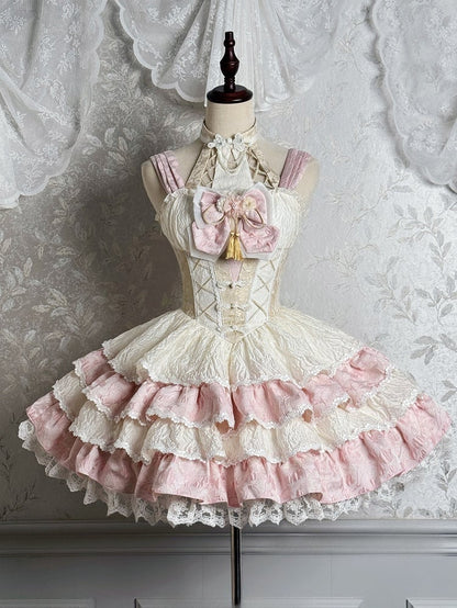 Hals Baskenkleid Taille Rosa Rock Halter Tiered Qi Abnehmbare Lolita