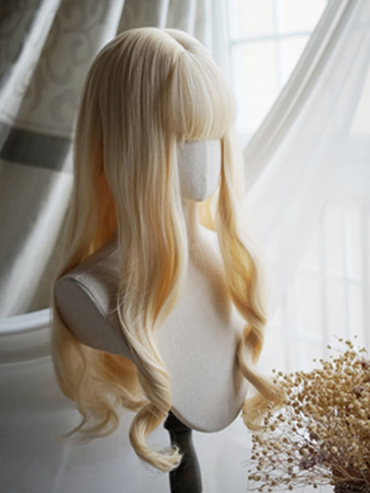 Light Blonde Long Wavy Wig With Full Bangs