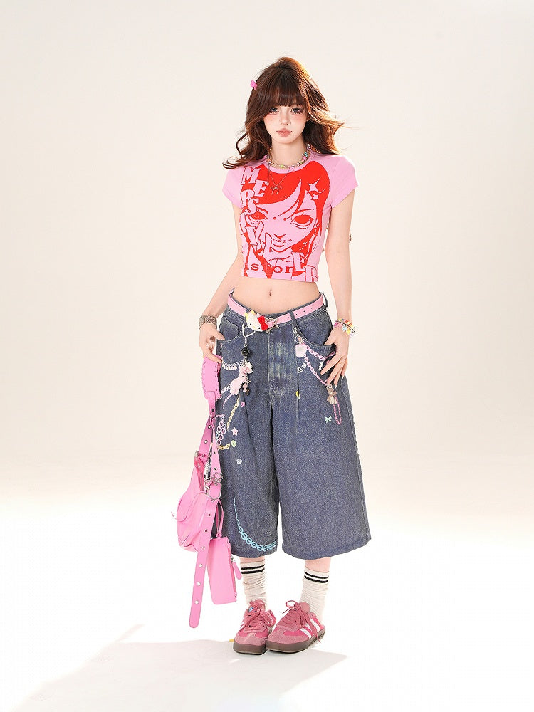 Pink Round Anime Girl Print Cropped T-Shirt Neck