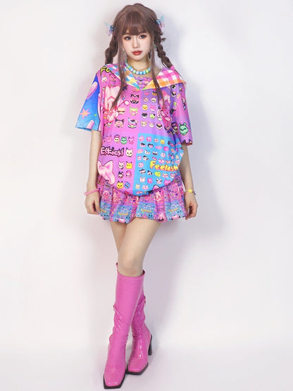 Y2K Cartoon Plaid Rock Buntes Druckmuster
