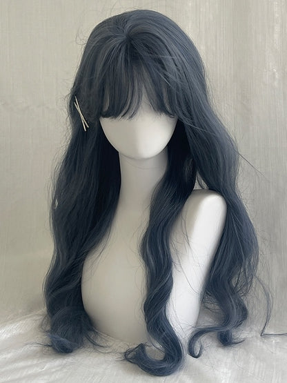 Dusty Blue Waist Length Wavy Wig With Air Bangs