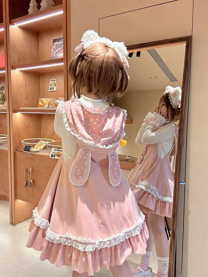 on Polka-dot Bowknot Lolita Jumper Skirt Details Bunny Ears Design Sweet Waist Hood Pink