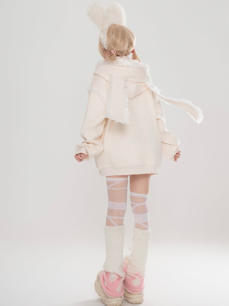 Light Blue/Apricot Bunny Ears Design Zip Hoodie with Lace Accents