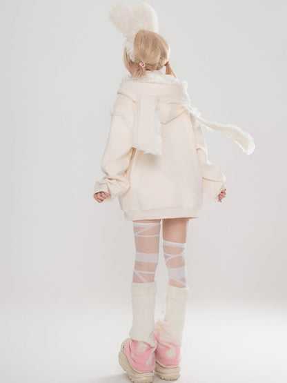 Light Blue/Apricot Bunny Ears Design Zip Hoodie with Lace Accents