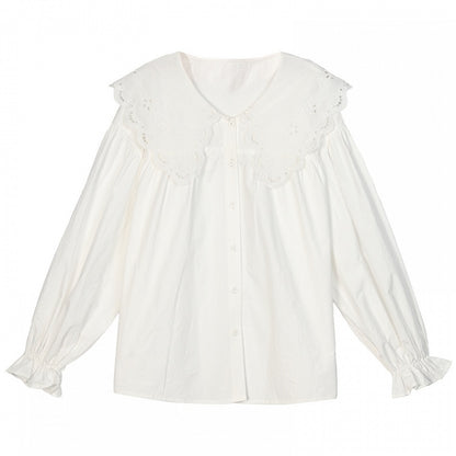 White Oversized Lace Collar Ruffled Cuff Loose Blouse