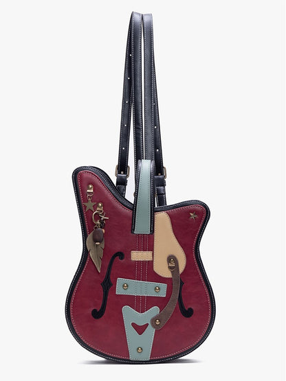 Guitar-Shaped 2-Way Chain Red With Tote Metal Bag Feather Vintage Accents