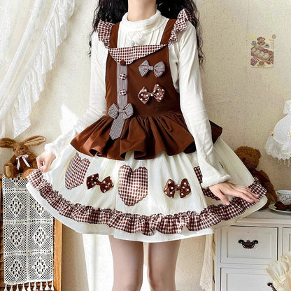 Chocolate Gingham Sweet Bowknot Lolita Overall Dress