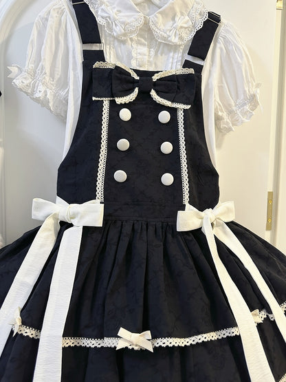 Double-Breasted Black Trim Sweet with Lolita Overall Buttons White Lace Dress and