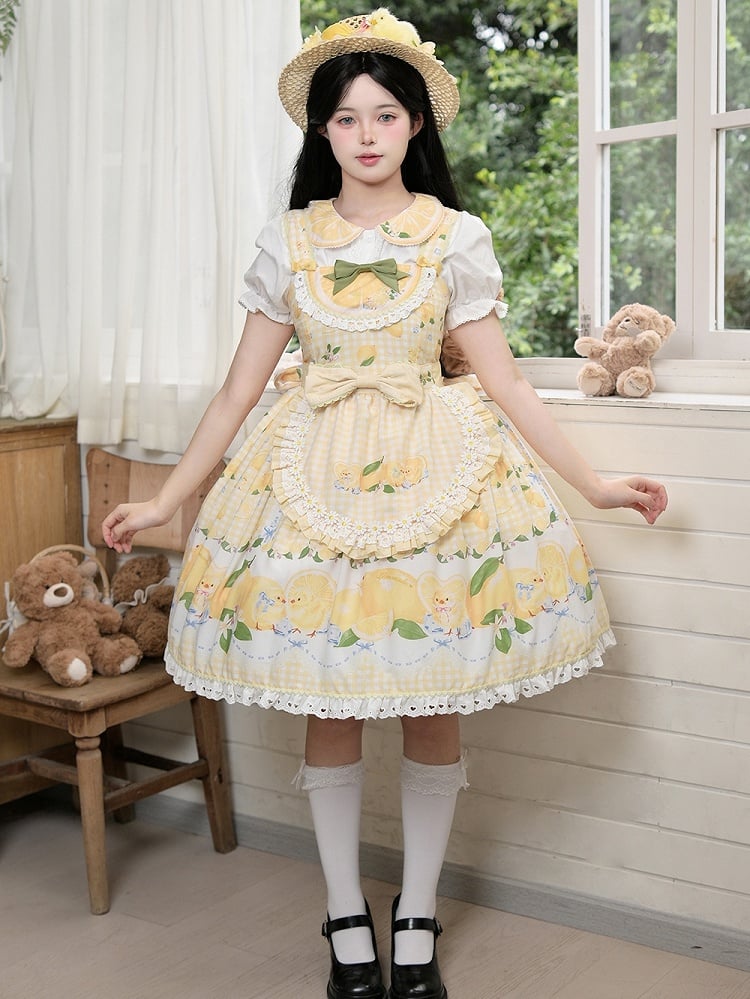 Chick Yellow Print Lemon Dress and Sweet Lolita High Waist Gingham