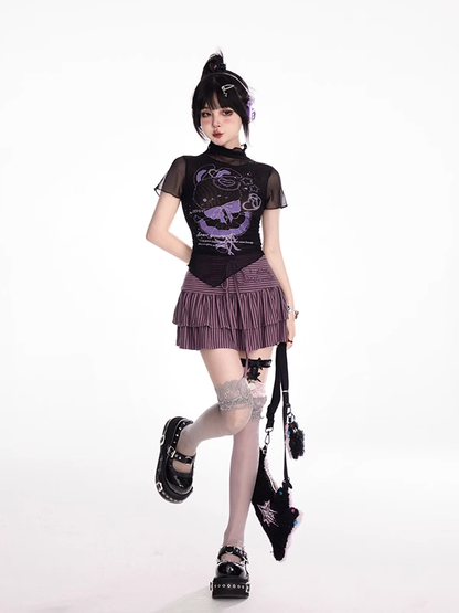 T-shirt Black Mock Neck Mesh Y2K Cute Bunny Print Curved Hem