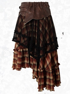 Hem Waistline Wasteland Asymmetrical Studs Punk Skirt BlackRed Plaid PU Pattern Flounce