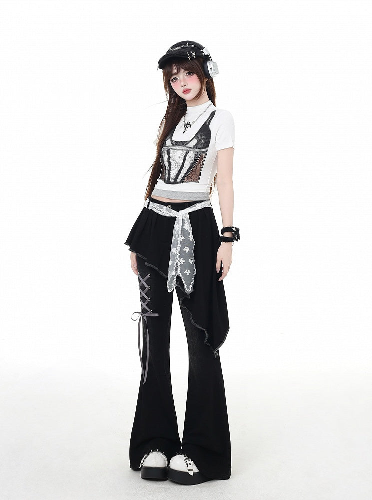 Waist Lace Belt Flared Pants Black Asymmetrical Hem Lace-up Faux Two-Piece Detail with