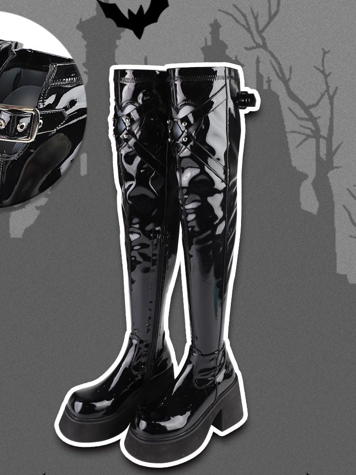 Polished Black Heart-shaped Cutout Detail Gothic Thigh-high Boots