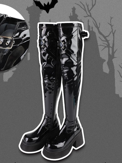 Polished Black Heart-shaped Cutout Detail Gothic Thigh-high Boots