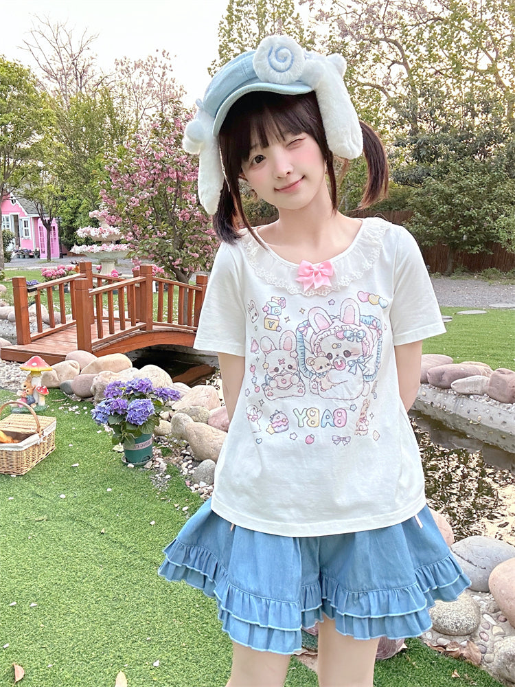 White Ruffled Neckline Adorable Bunny Print T-Shirt