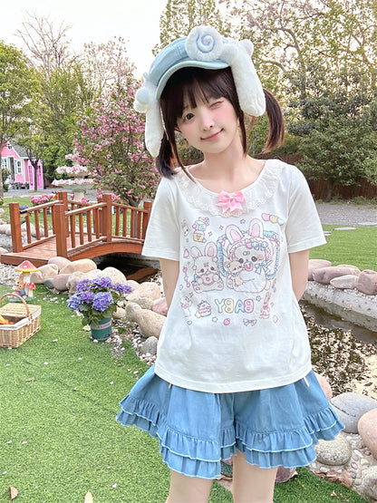 White Ruffled Neckline Adorable Bunny Print T-Shirt