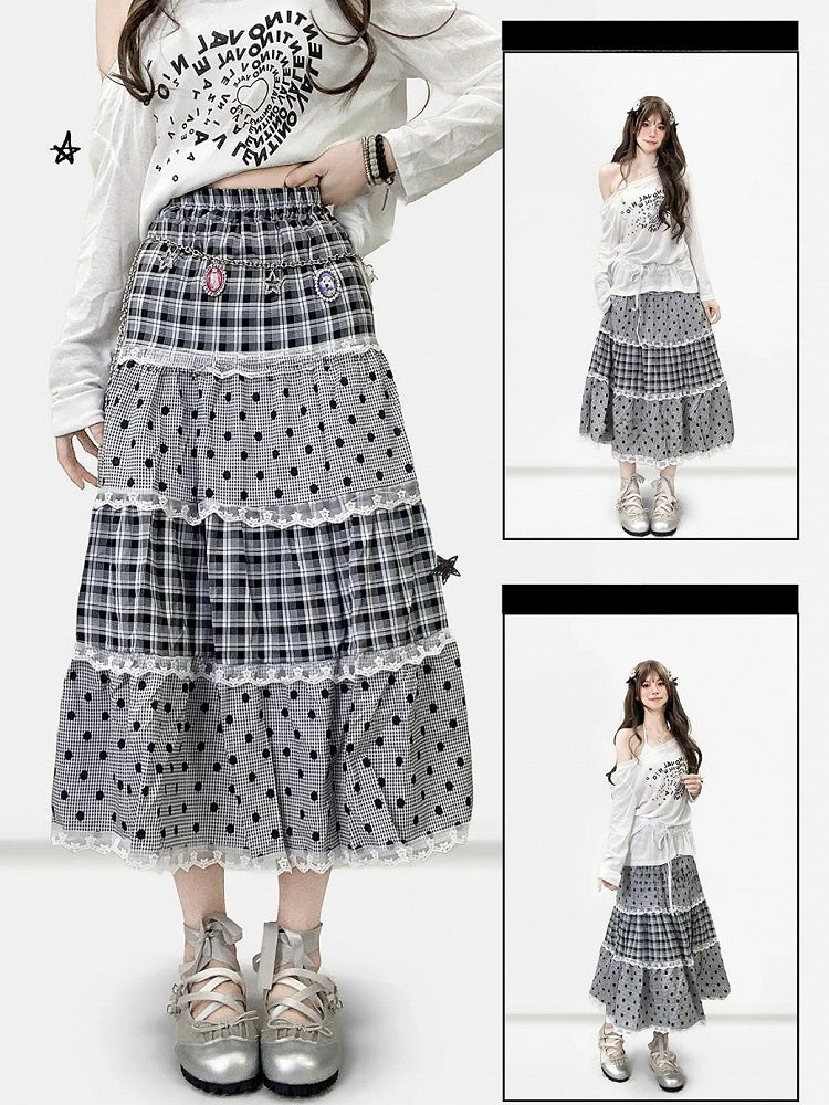 Gray Pattern Trim Polka-dot Y2K And Skirt Lace Bittersweet Plaid