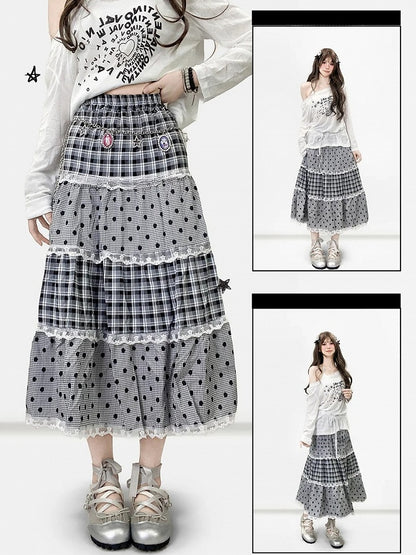 Gray Pattern Trim Polka-dot Y2K And Skirt Lace Bittersweet Plaid