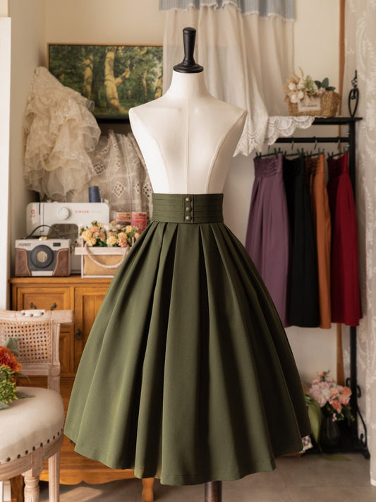 Jupe Lolita classique élégante vert olive mi-longue taille haute à ourlet plissé