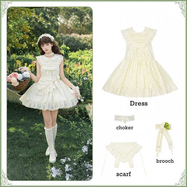Butterfly Lolita Peter OP Lace Creamy Set Full Patched Pan Dress Collar