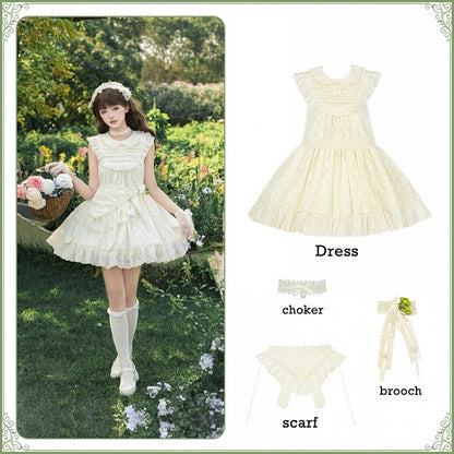 Butterfly Lolita Peter OP Lace Creamy Set Full Patched Pan Dress Collar