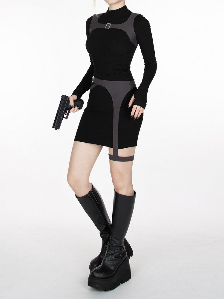 Cyberpunk Futuristic Black & Gray Buckle Strap Dress Waist Belt and Harness All-in-one with Garter