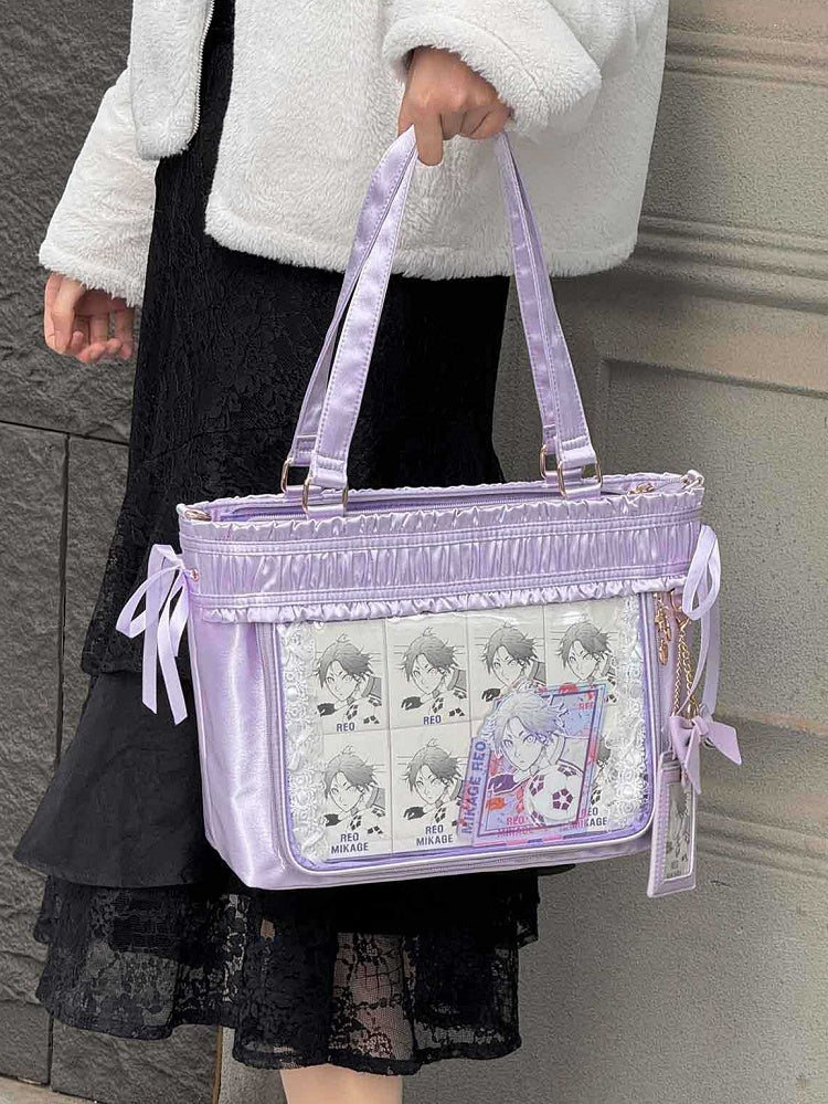 Ita Bag Ruffled Ribbon Bow Large Capacity Tote Purple Trim