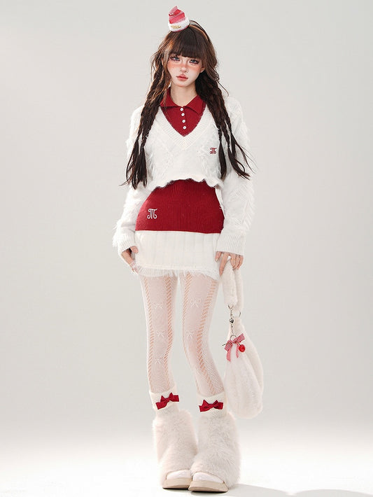 V-neck Mini Top Cropped + Skirt + White Knit White Set Sweater Red