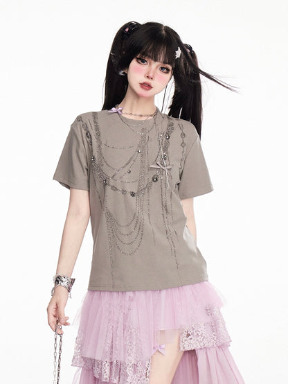Gray Round Neck Rhinestone Chains Vintage T-Shirt
