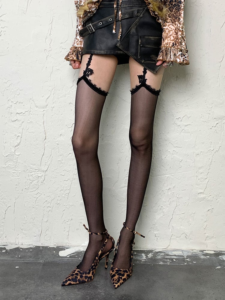 Black White Y2K Floral Trim Suspender Tights