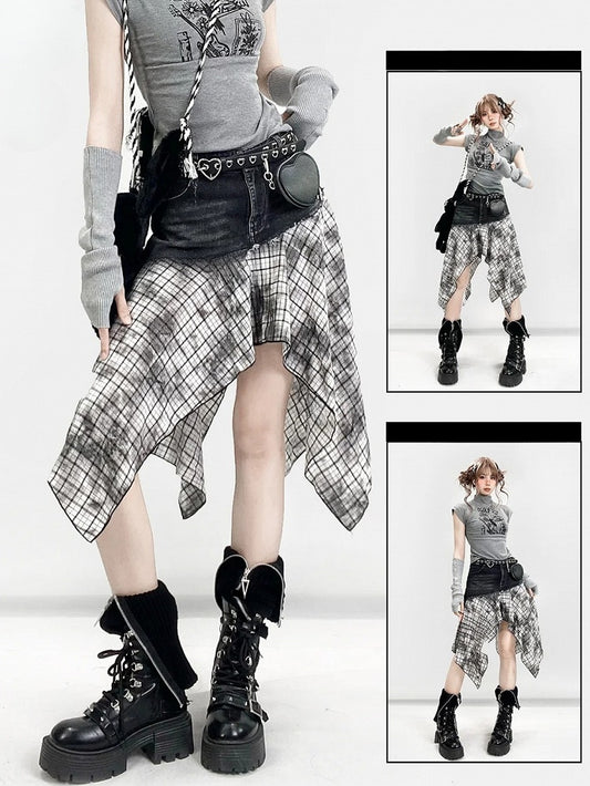 Plaid Handkerchief BlackWhite Y2K Pattern Skirt Hem