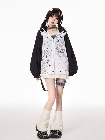 Design Hood Ears Kitty Colorblock Zip-up Jacket Cartoon Print Black/Green