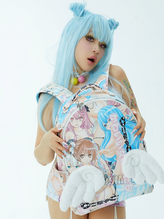 Angel Wings with Backpack Colorful Cartoon Print PU