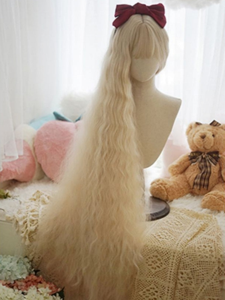 Light Blonde Long Curly Wig With Full Bangs