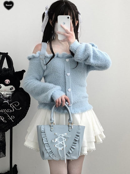 Jirai Kei Blue Off-the-shoulder Neckline Landmine Style Sweater