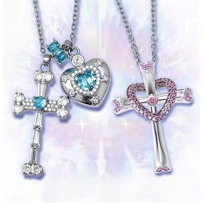 Heart And Pendant Rhinestone Pink/Blue/Green Necklace Y2K Cross Bittersweet