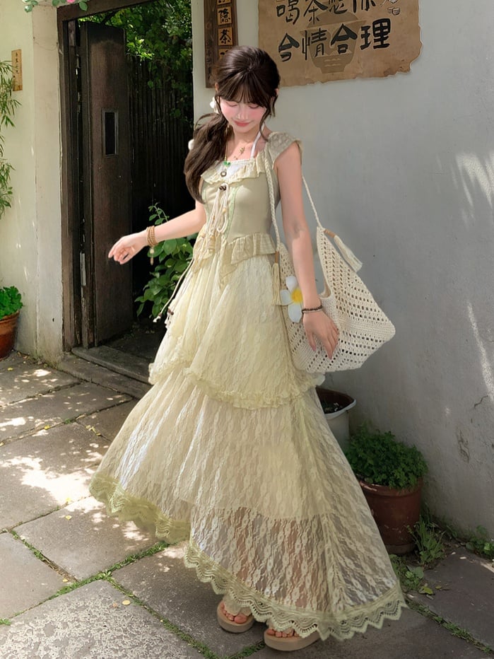 Flutter Sleeves Self-tie Bead Straps Light Hem Curved Green Halter Top