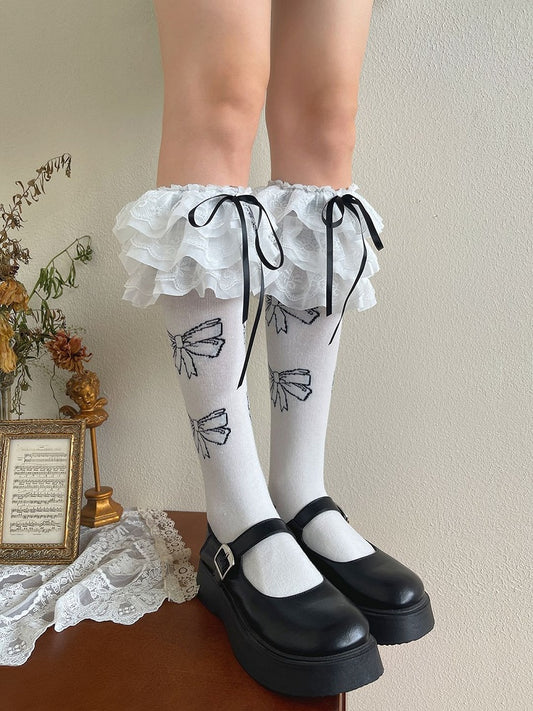 Weiße/schwarze Strümpfe mit Schleife und Spitzenbesatz, Lolita-Unterknöchel