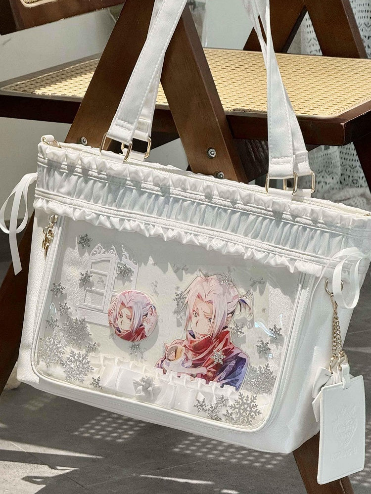 Ruffled Trim Ita Bag Ribbon Bow Large White Capacity Tote