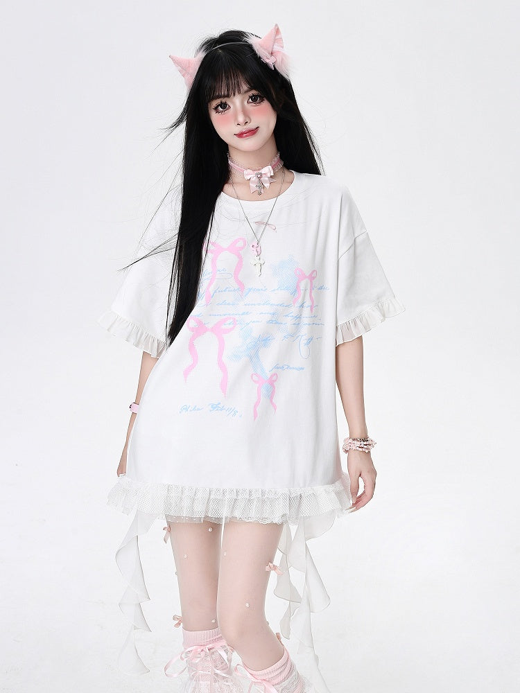 T-Shirt White/Black Cascading Ruffle Accents Bowknots Print Loose