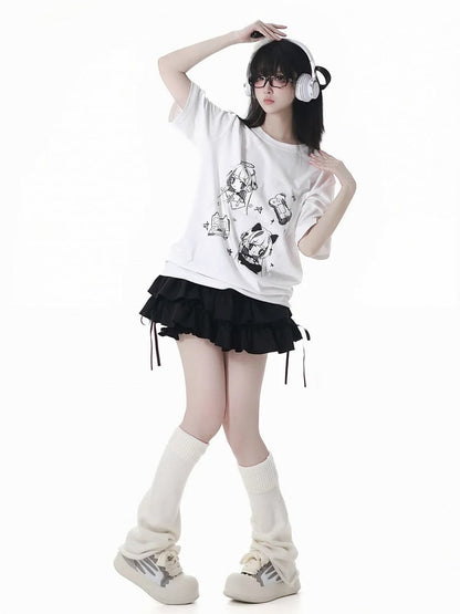 Anime Girl Print Weiß/Dunkel T-Shirt Grau Rundhals Baumwolle