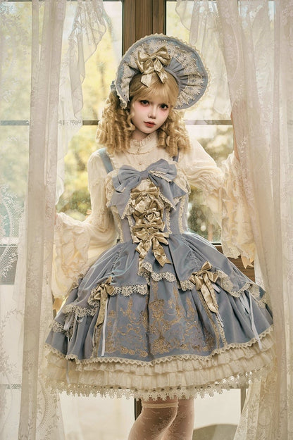 Blue Velvet JSK Dress Lolita Embroidery Bows Decoration Candle /