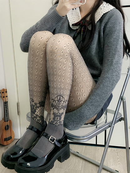 Black Y2K Floral Pattern Hollow-out Tights