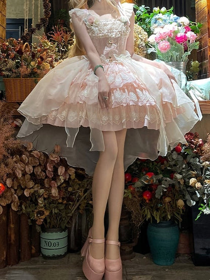 Fabric Jacquard Skirt Tiered Lolita Dress Jumper Balletcore Sweet Rosette Pink Accents