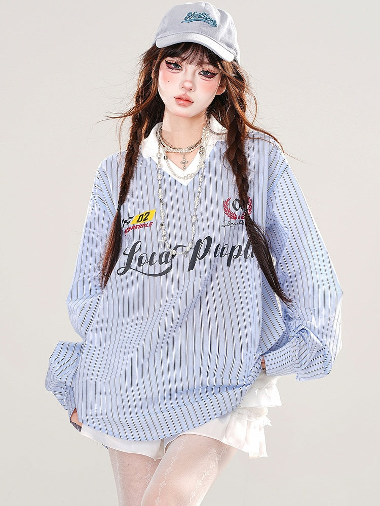 Blue/Pink Letters Embroidery V-neck Striped Loose Top