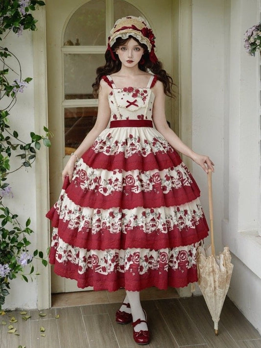 Klassisches Lolita-Teekannenrock-Print in Rot mit gestuftem Rosen-Blumenmuster und Pulloverkleid