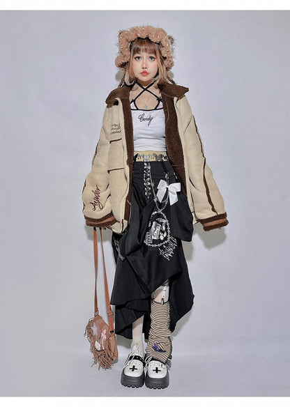 Punk Black Pin Chain Asymmetrical Hem Kitty Detachable Bow Skirt