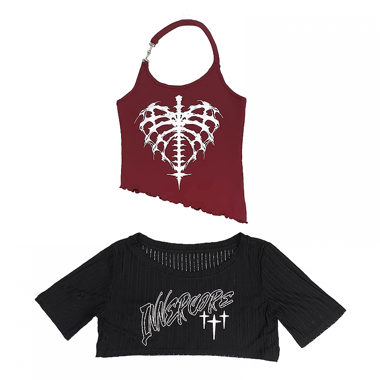 Red/Gray Tank Top with Halter Neck Coverup Set Graphic Black Y2K Cropped