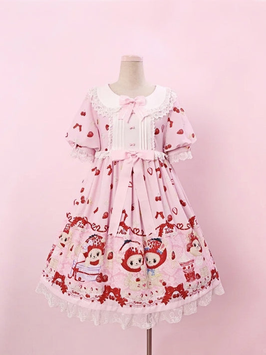 Country Pink Chiffon Cottagecore Lolita Dress Strawberry and Bear Print Sweet OP